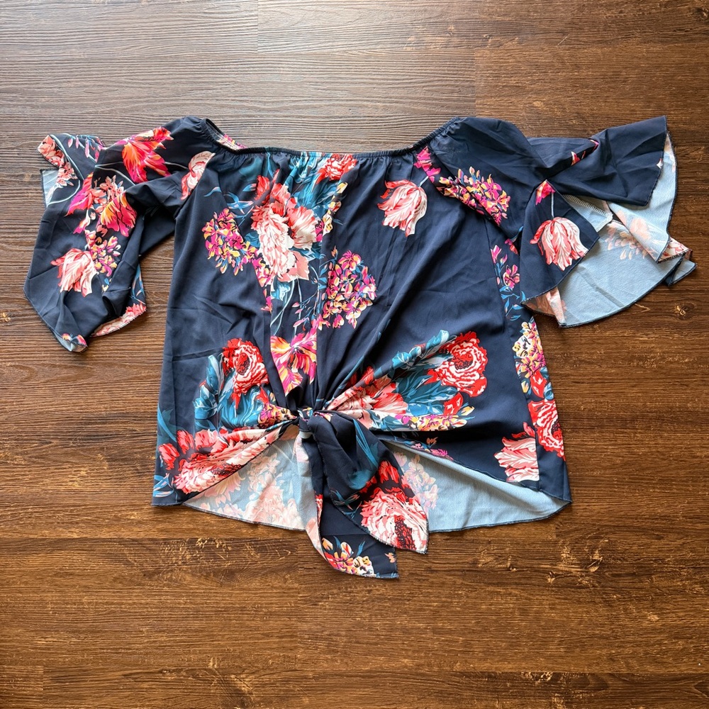 Floral Off Shoulder Tie Front Top Women’s Boho Blouse Bell Sleeve Navy Large